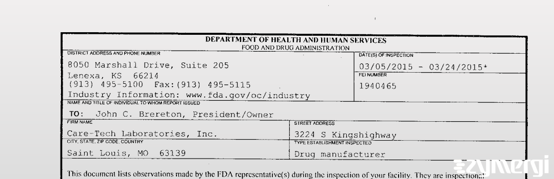 FDANews 483 Care-Tech Laboratories, Inc. Mar 24 2015 top