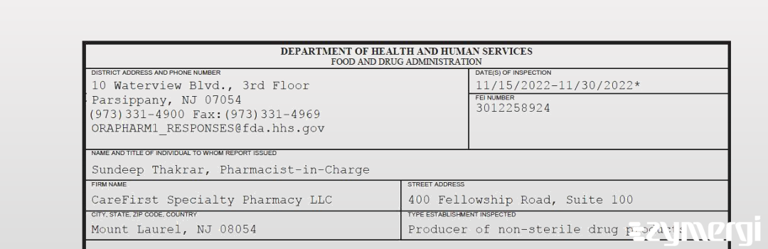 FDANews 483 CareFirst Specialty Pharmacy LLC Nov 30 2022 top