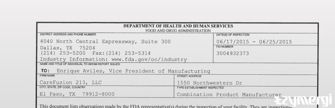 FDANews 483 CareFusion 213, LLC Jun 25 2015 top