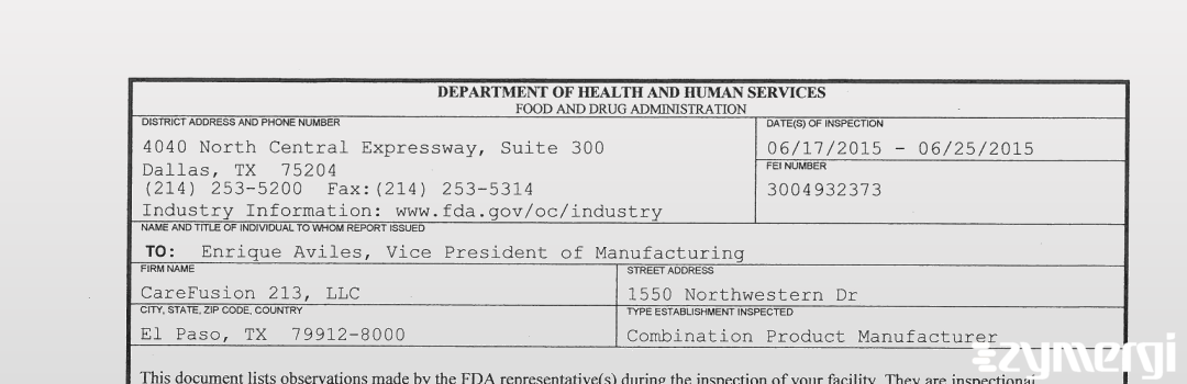FDANews 483 CareFusion 213, LLC Jun 25 2015 top
