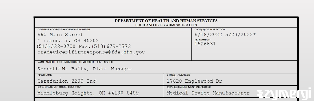 FDANews 483 Carefusion 2200 Inc May 23 2022 top