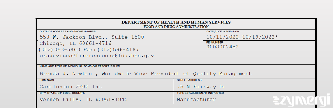 FDANews 483 Carefusion 2200 Inc Oct 19 2022 top