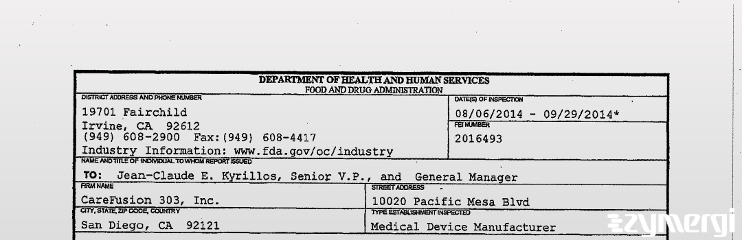 FDANews 483 CareFusion 303, Inc. Sep 29 2014 top
