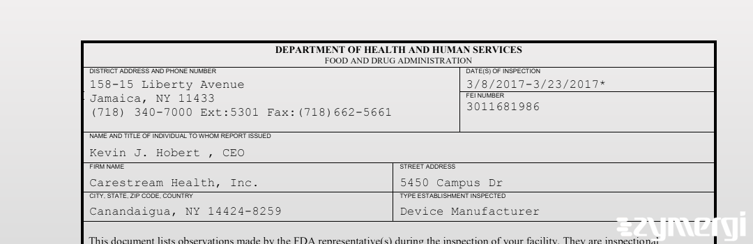 FDANews 483 Carestream Health, Inc Mar 23 2017 top