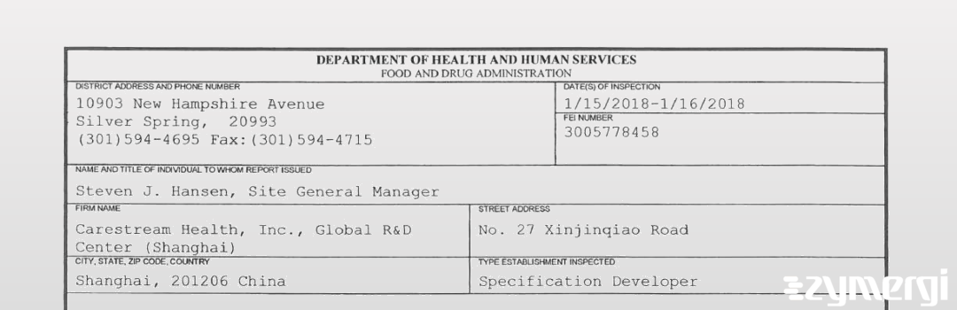 FDANews 483 Carestream Health, Inc., Global R&D Center (Shanghai) Jan 16 2018 top