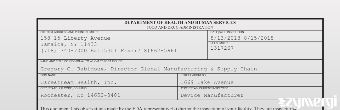 FDANews 483 Carestream Health, Inc Aug 15 2018 top