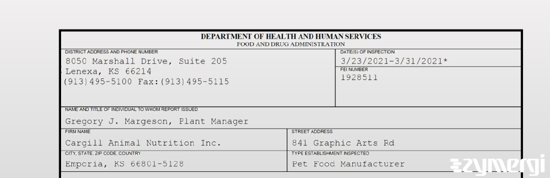 FDANews 483 Cargill Animal Nutrition, Inc. Mar 31 2021 top