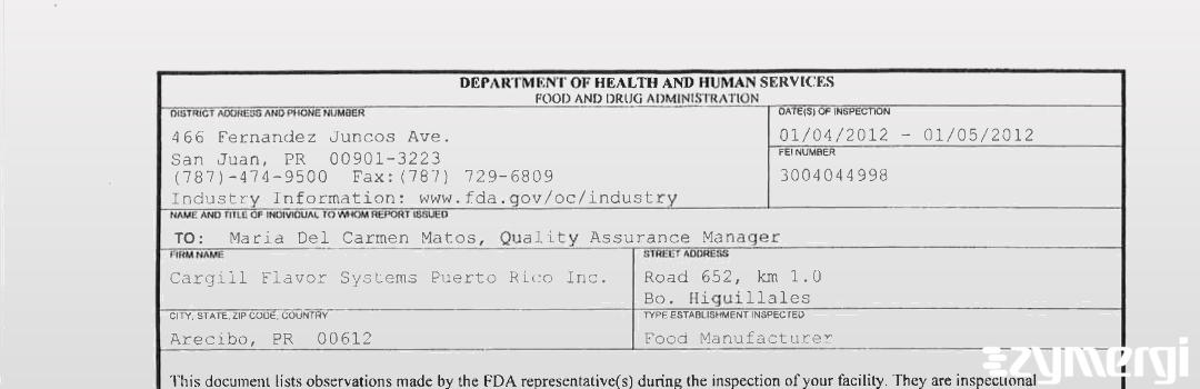 FDANews 483 Cargill Flavor Systems Puerto Rico Inc. Jan 5 2012 top