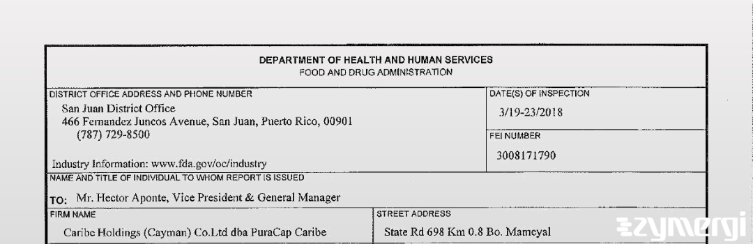 FDANews 483 Caribe Holdings (Cayman) Co. Ltd dba PuraCap Caribe Mar 23 2018 top