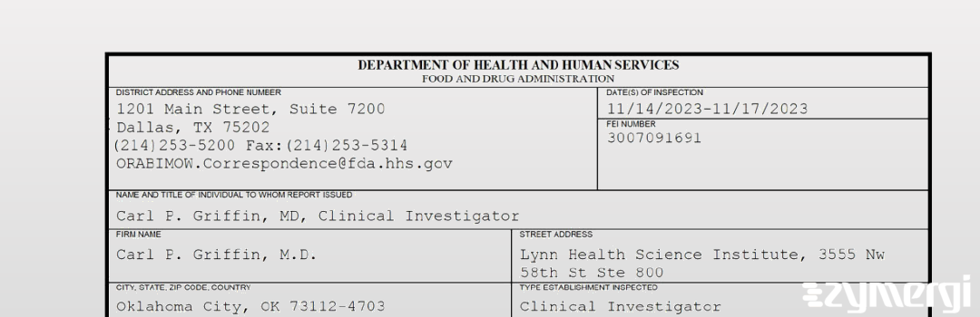 FDANews 483 Carl P. Griffin, M.D. Nov 17 2023 top