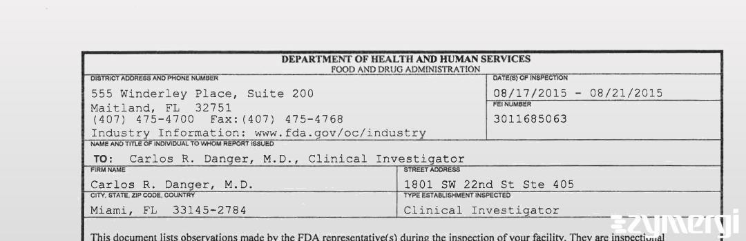 FDANews 483 Carlos Danger, M.D. Aug 21 2015 top