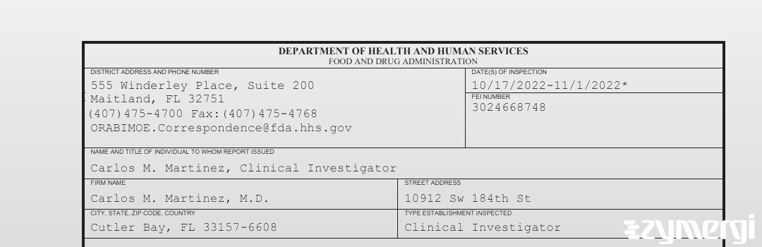 FDANews 483 Carlos M. Martinez, M.D. Nov 1 2022 top