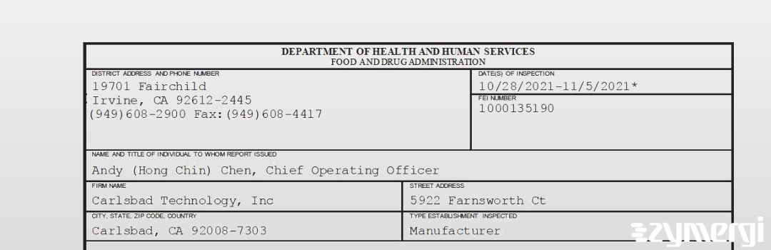 FDANews 483 Carlsbad Technology, Inc Nov 5 2021 top