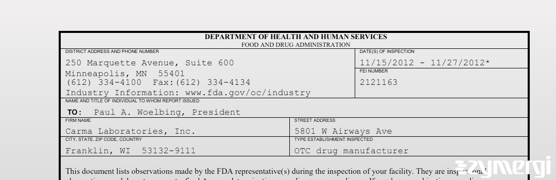 FDANews 483 Carma Laboratories, Inc. Nov 27 2012 top