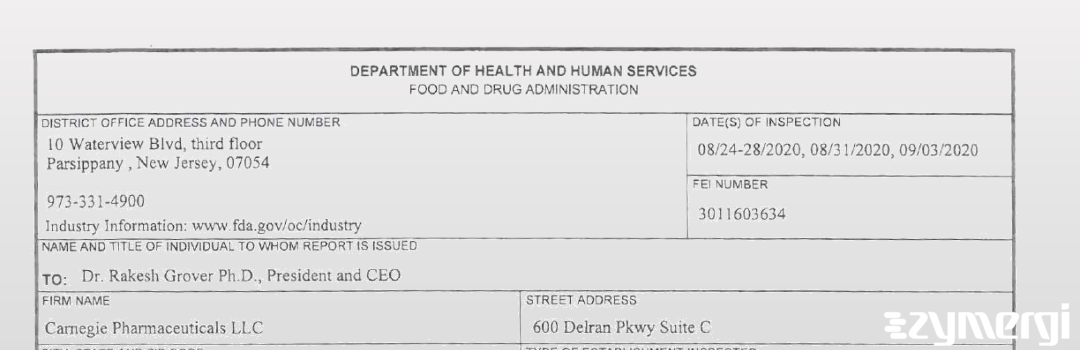 FDANews 483 Carnegie Pharmaceutical Llc Sep 3 2020 top