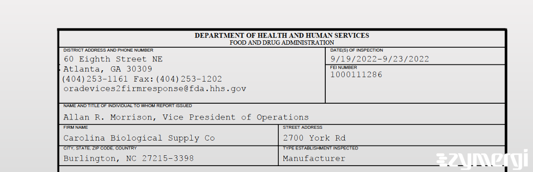 FDANews 483 Carolina Biological Supply Co Sep 23 2022 top