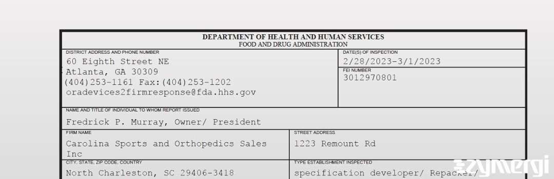 FDANews 483 Carolina Sports and Orthopedics Sales Inc Mar 1 2023 top