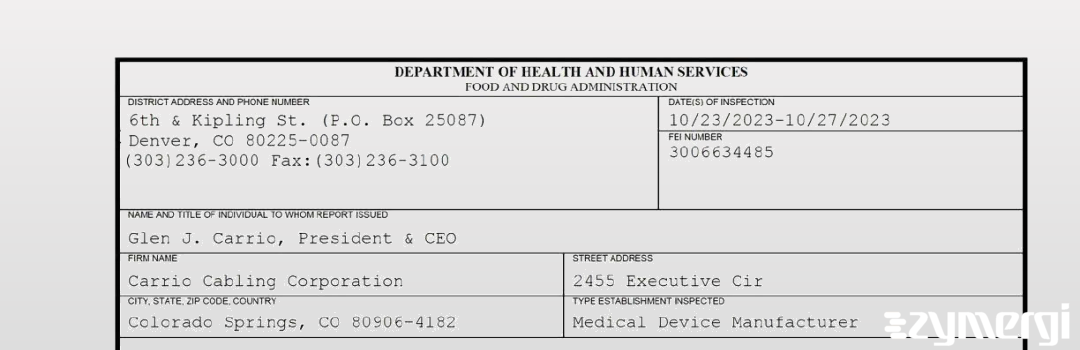 FDANews 483 Carrio Cabling Corporation Oct 27 2023 top