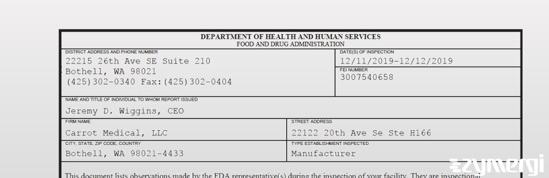 FDANews 483 Carrot Medical, LLC Dec 12 2019 top