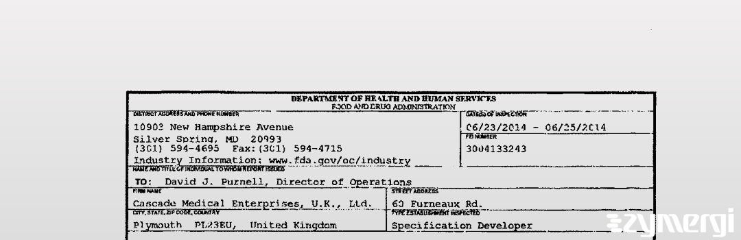 FDANews 483 Cascade Medical Enterprises, U.K., Ltd. Jun 25 2014 top