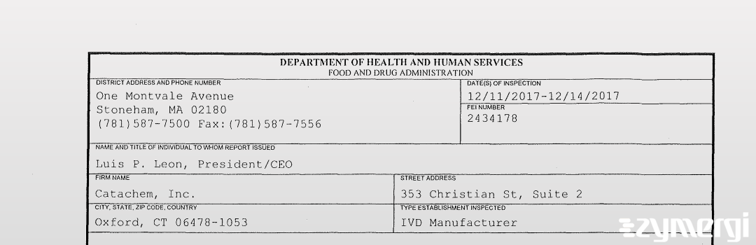 FDANews 483 Catachem, Inc. Dec 14 2017 top