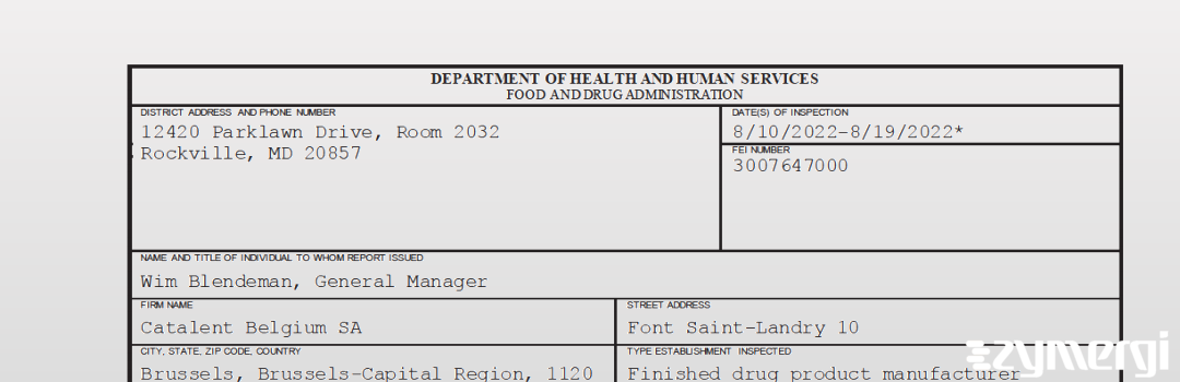 FDANews 483 Catalent Belgium SA Aug 19 2022 top