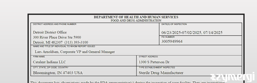 FDANews 483 Catalent Indiana, LLC Jul 14 2025 top