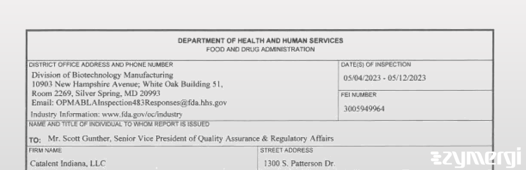 FDANews 483 Catalent Indiana, LLC May 12 2023 top