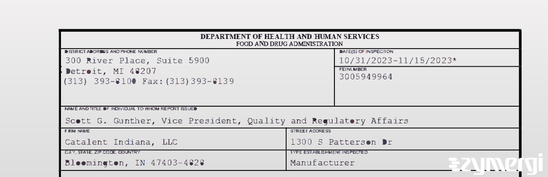 FDANews 483 Catalent Indiana, LLC Nov 15 2023 top