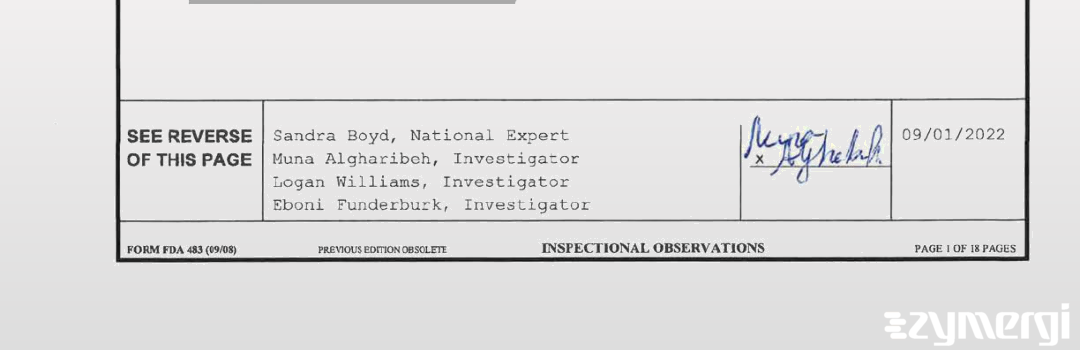 Logan T. Williams FDA Investigator Muna Algharibeh FDA Investigator Eboni S. Funderburk FDA Investigator Sandra A. Boyd FDA Investigator 