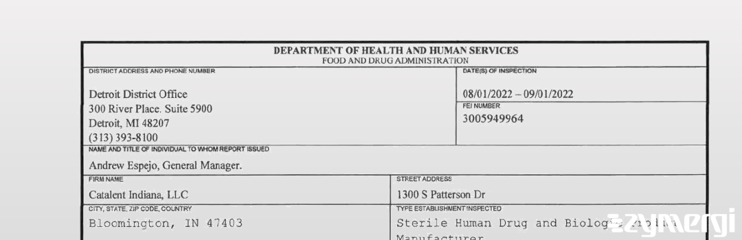 FDANews 483 Catalent Indiana, LLC Sep 1 2022 top