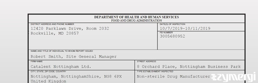 FDANews 483 Catalent Nottingham Ltd. Oct 11 2019 top