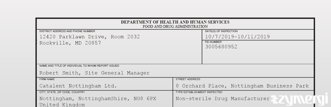 FDANews 483 Catalent Nottingham Ltd. Oct 11 2019 top
