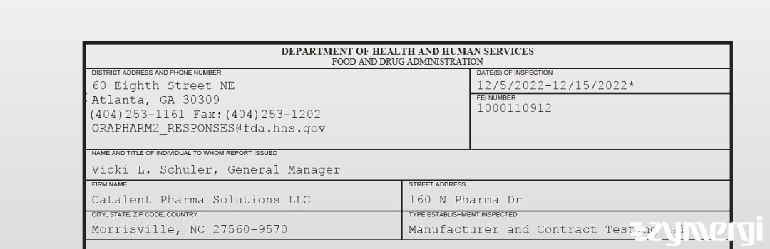 FDANews 483 Catalent Pharma Solutions LLC Dec 15 2022 top