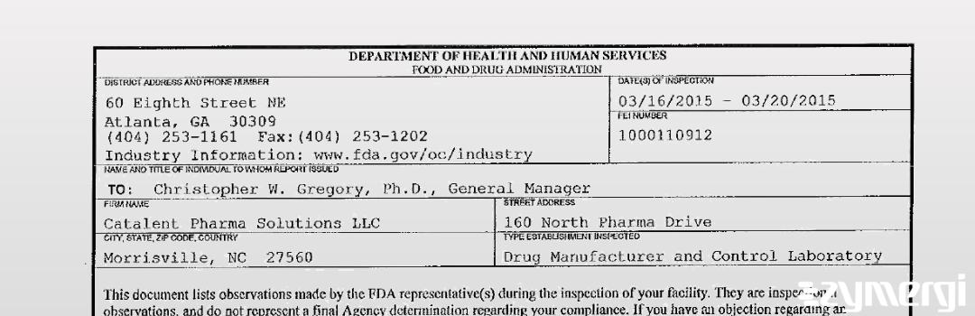 FDANews 483 Catalent Pharma Solutions Inc Mar 20 2015 top