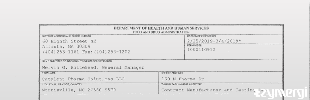 FDANews 483 Catalent Pharma Solutions LLC Mar 4 2019 top