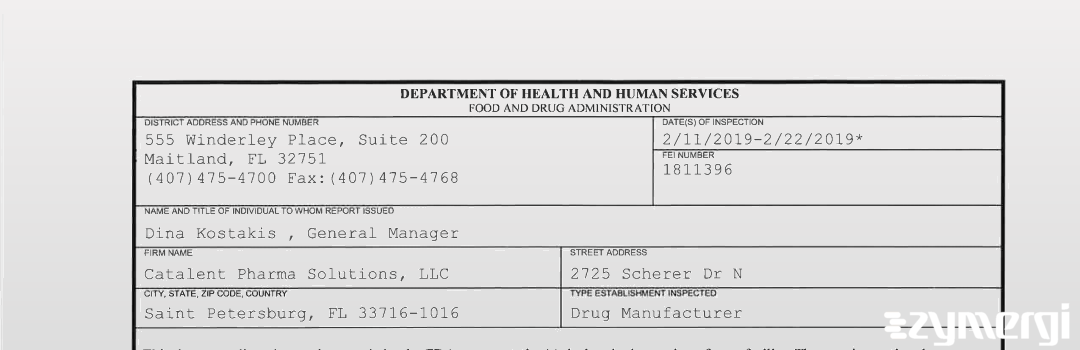 FDANews 483 Catalent Pharma Solutions LLC Feb 22 2019 top