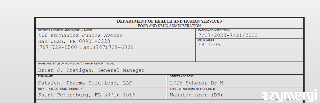 FDANews 483 Catalent Pharma Solutions LLC Jul 21 2023 top