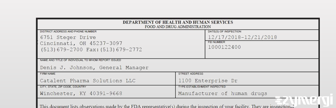 FDANews 483 Catalent Pharma Solutions LLC Dec 21 2018 top