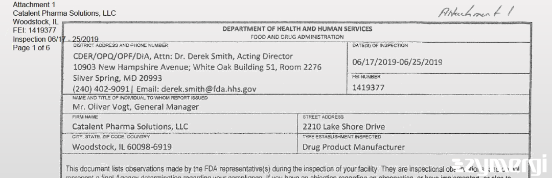 FDANews 483 Catalent Pharma Solutions LLC Jun 25 2019 top