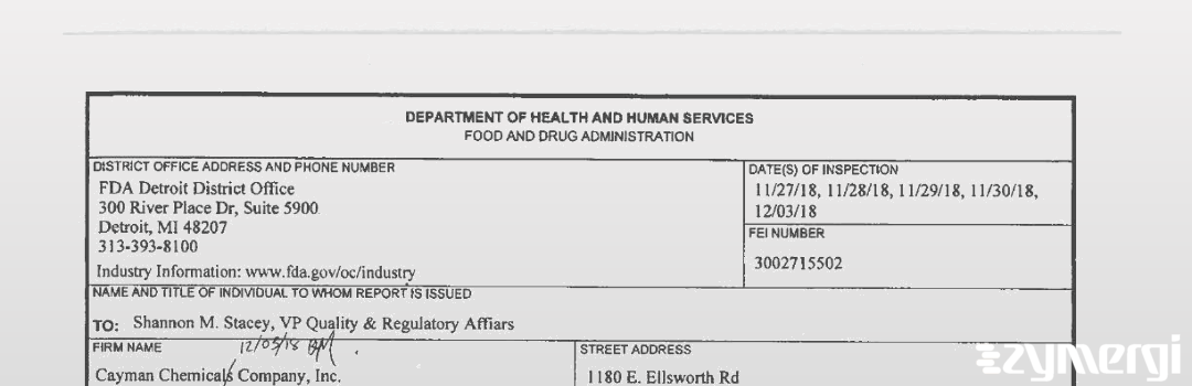 FDANews 483 Cayman Chemical Company, Inc. Dec 3 2018 top