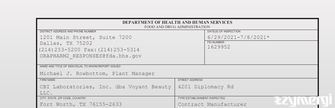 FDANews 483 CBI Laboratories, Inc. dba Voyant Beauty LLC. Jul 8 2021 top