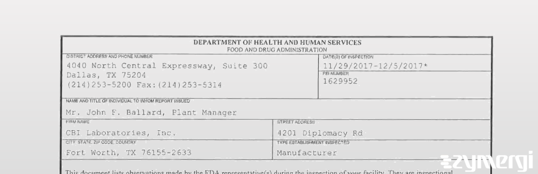 FDANews 483 CBI Laboratories, Inc. Dec 5 2017 top