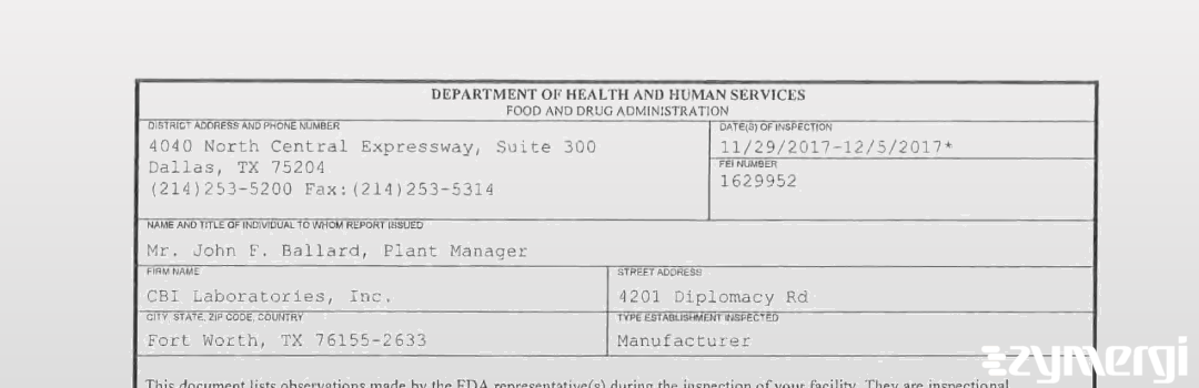 FDANews 483 CBI Laboratories, Inc. Dec 5 2017 top