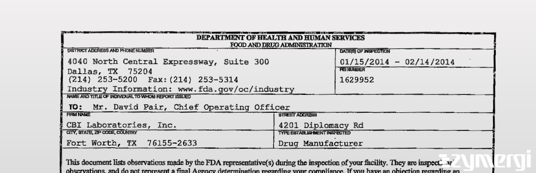 FDANews 483 CBI Laboratories, Inc. Feb 14 2014 top