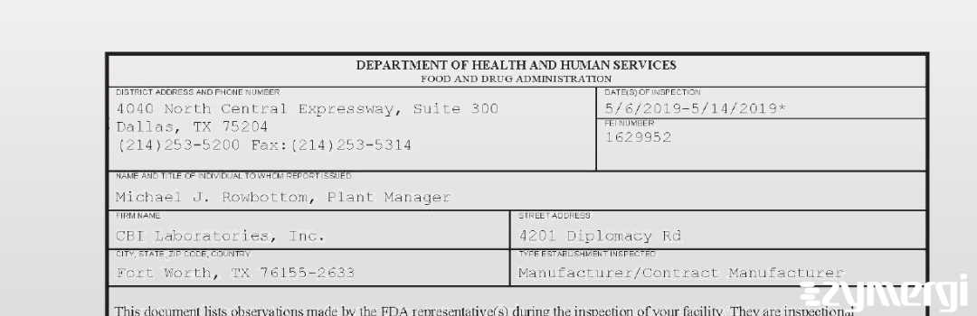 FDANews 483 CBI Laboratories, Inc. May 14 2019 top