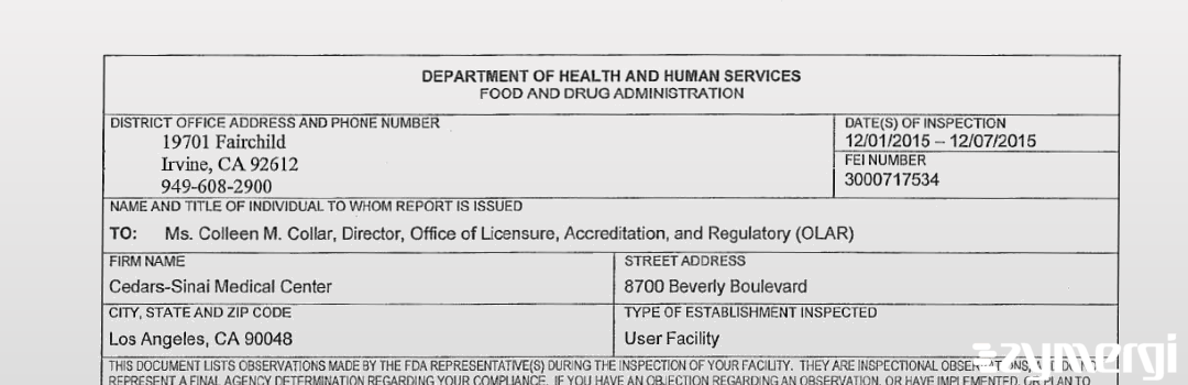 FDANews 483 Cedars-Sinai Medical Center Dec 7 2015 top