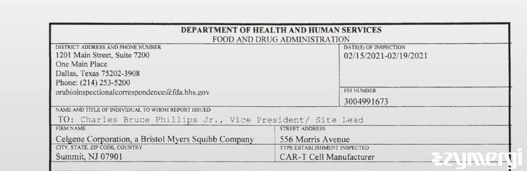 FDANews 483 Celgene a Bristol Myers Squibb Company Feb 19 2021 top