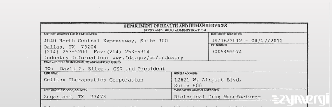 FDANews 483 Celltex Therapeutics Corporation Apr 27 2012 top