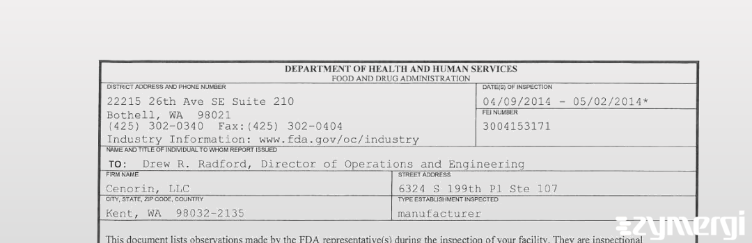 FDANews 483 Cenorin, LLC May 2 2014 top